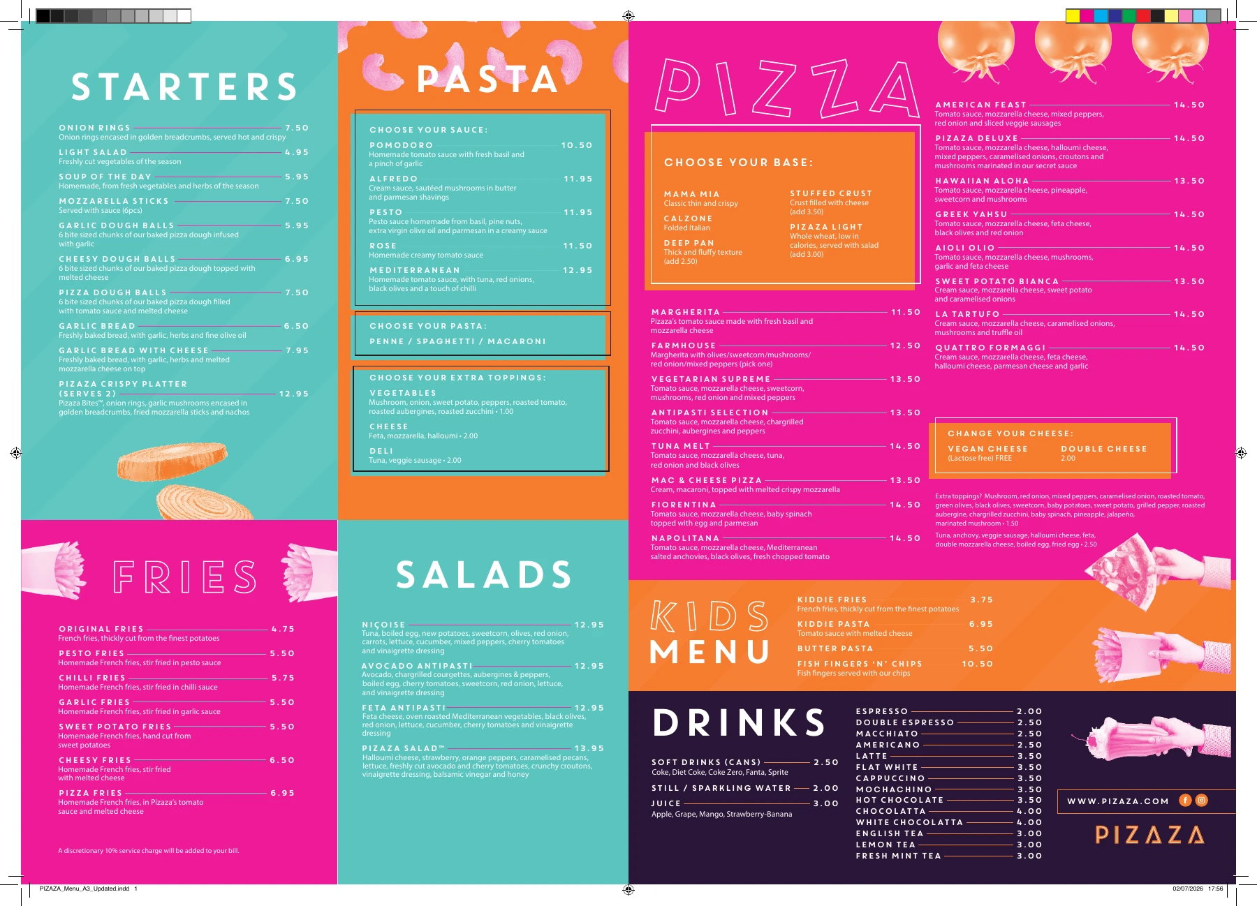 Pizaza menu design with orange, turquoise and pink sections