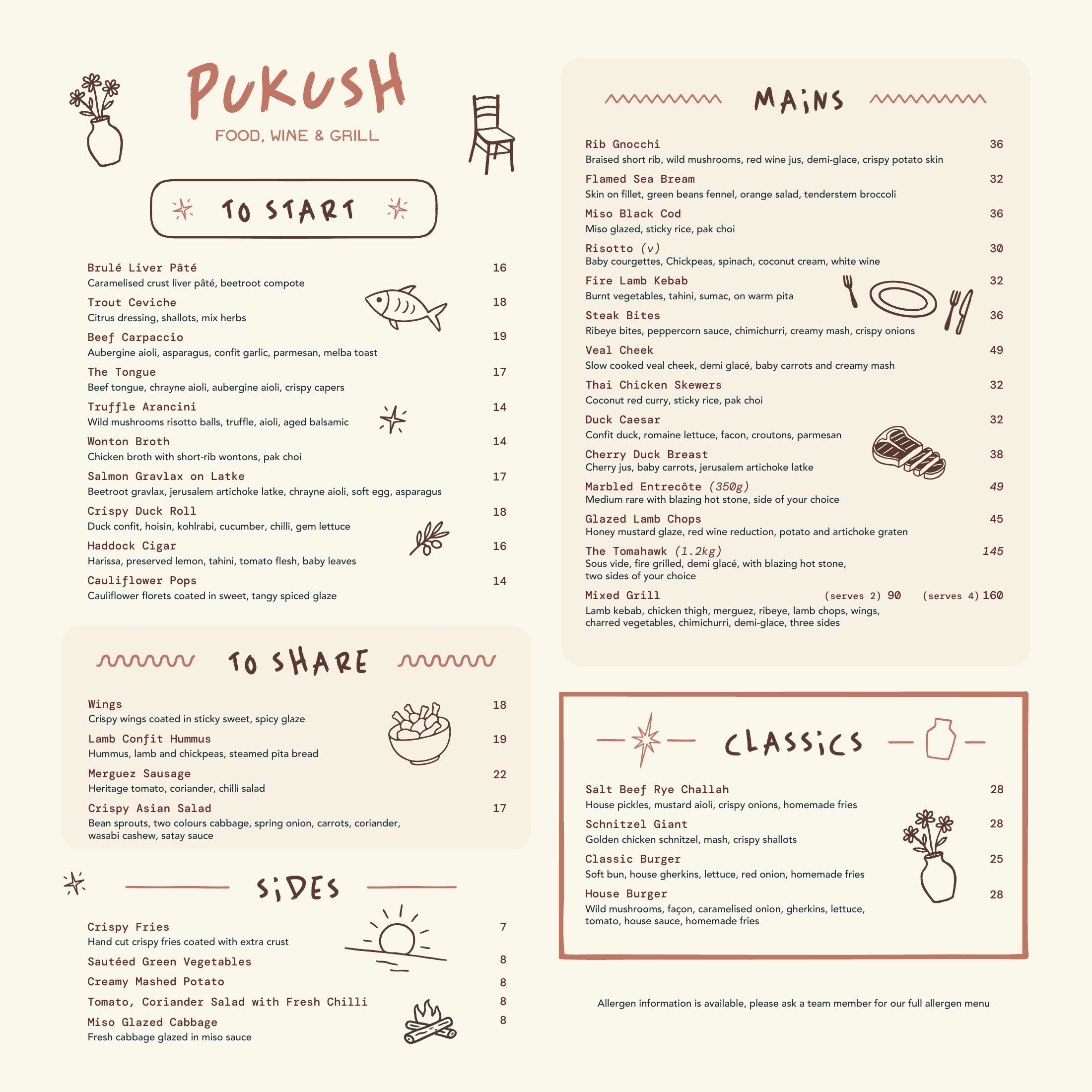 Pukush illustrated food menu in cream, terracotta and brown