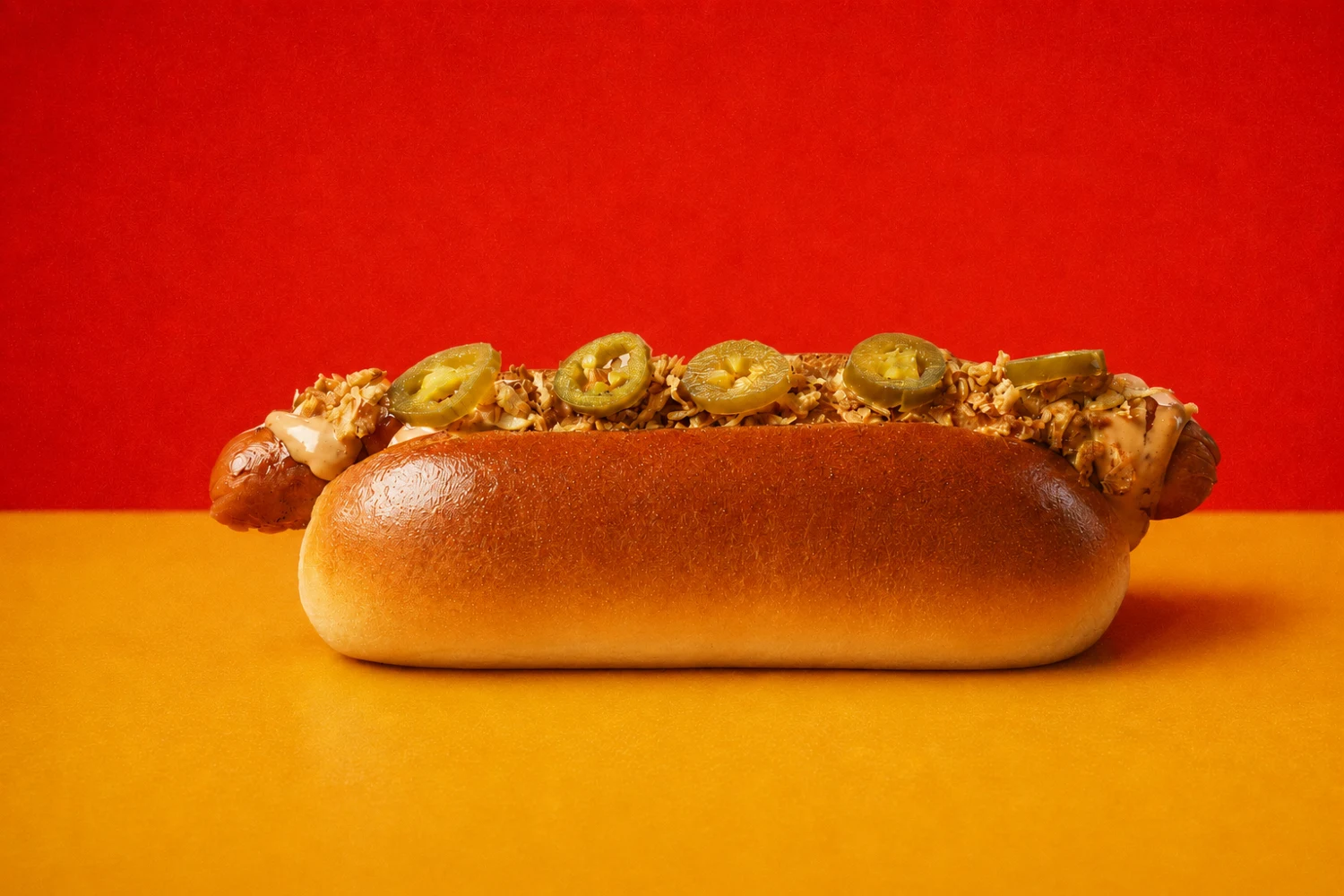 Ranch hot dog creative on a golden yellow surface against a red background