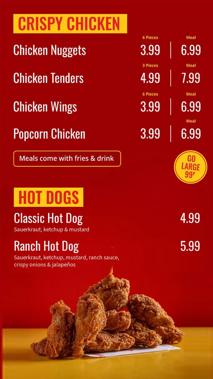 Ranch menu panel showing crispy chicken and hot dogs with prices and meal options